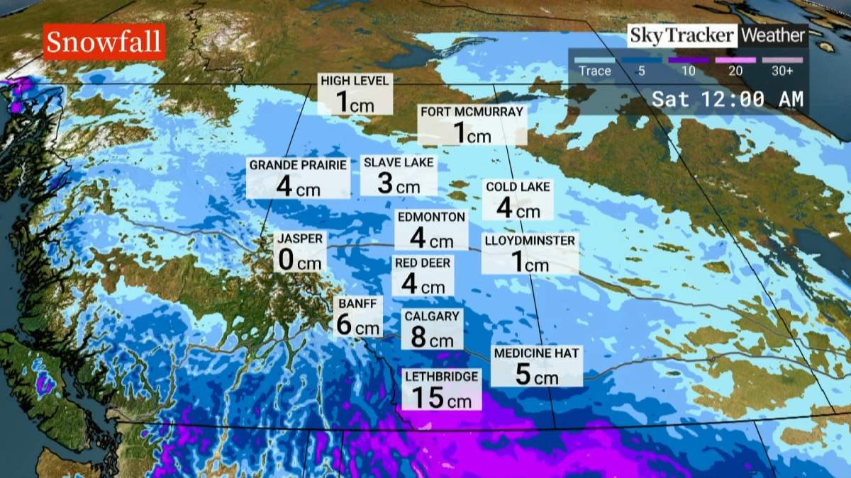 The heaviest snow is expected to fall over the extreme southerly parts of Alberta where between 15 and 25 centimtres of snow could fall in the hardest hit areas.