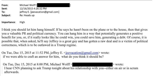 An email between Jeffrey Epstein and Michael Wolff, released by the House Committee on Oversight and Government Reform.