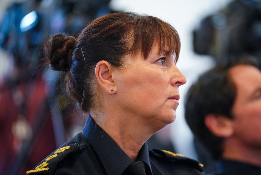 Lorilee Davies has been hired as Regina's new police chief. She looks on during a press conference updating its investigation on allegations against the former Regina Police Chief Farooq Sheikh in Regina, on Tuesday, October 28, 2025. 