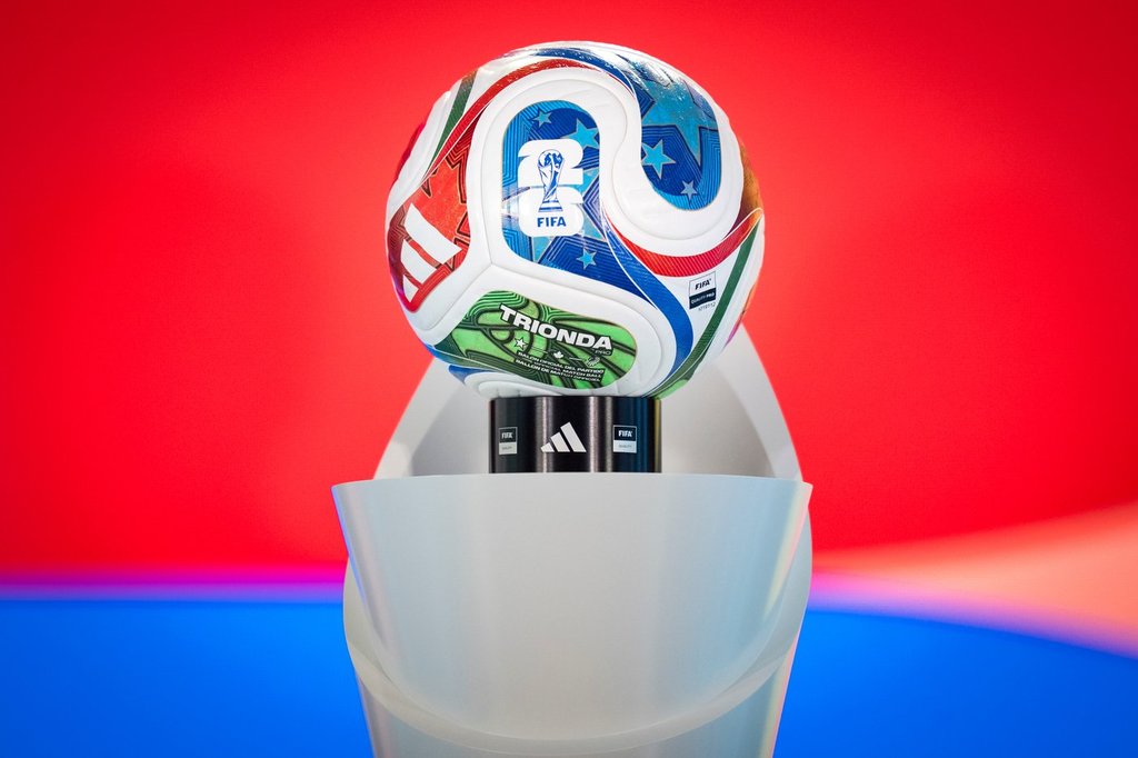 The "Trionda" World Cup 2026 official ball is displayed during the FIFA World Cup 2026 playoff draw in Zurich, Switzerland, Thursday, Nov. 20, 2025. (Claudio Thoma/Keystone via AP).