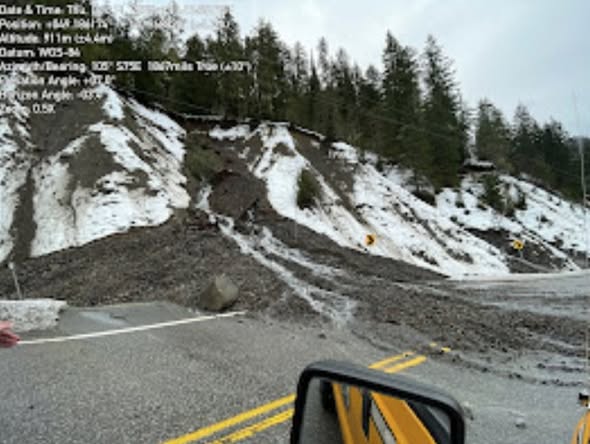 Damage from the atmospheric river along Highway 3.