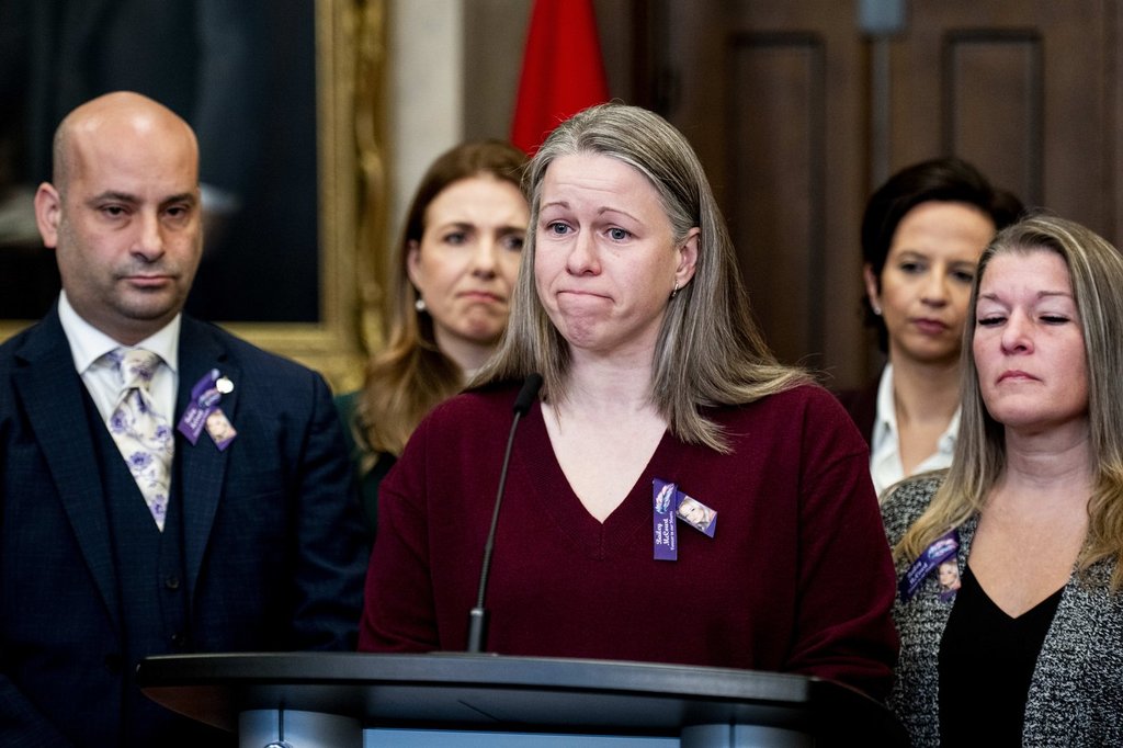 Debbie Henderson, aunt to Bailey McCourt and spokesperson for Bailey’s family, speaks in the Foyer of the House of Commons on Parliament Hill in Ottawa, on Tuesday, Oct. 28, 2025. THE CANADIAN PRESS/Spencer Colby.