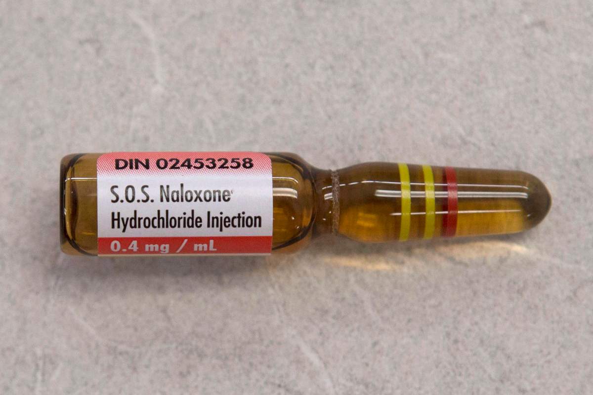 A vial containing Naxolone, taken from an naxolone emergency kit is shown at a pharmacy in Toronto, on Tuesday April 11 , 2017. Naxolone is a medication that reverses the effects of an overdose from opioids such as heroin, methadone, fentanyl and morphine. 