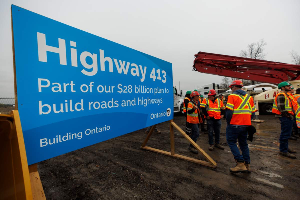 Signage for newly-announced Highway 413 is seen during a news conference in Caledon, Ont., Tuesday, April 30, 2024. 