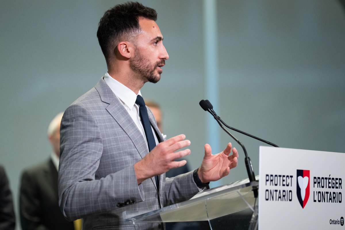 Stephen Lecce, Minister of Energy and Mines of Ontario  speaks at a press conference in Toronto on Thursday, April 17, 2025. 