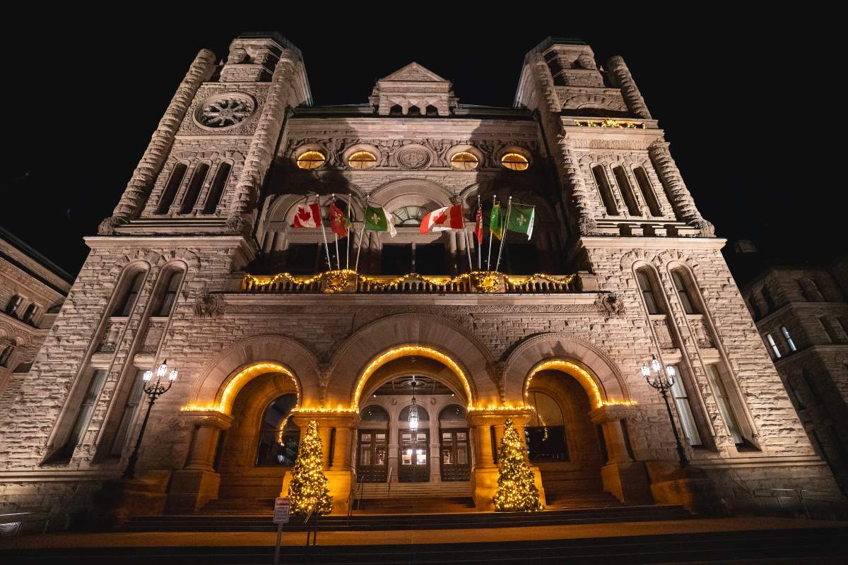 Queen's Park, the Ontario provincial legislature, is seen decorated for the holidays with lights, in Toronto, Friday, Nov. 21, 2025. 