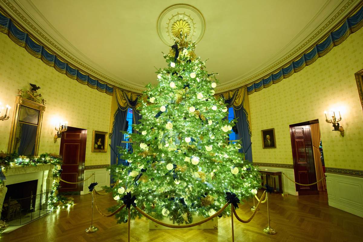 A Christmas tree decorates the Blue Room of the White House during a press preview of the Christmas decorations 'Home is Where the Heart Is,' Monday, Dec. 1, 2025, in Washington.