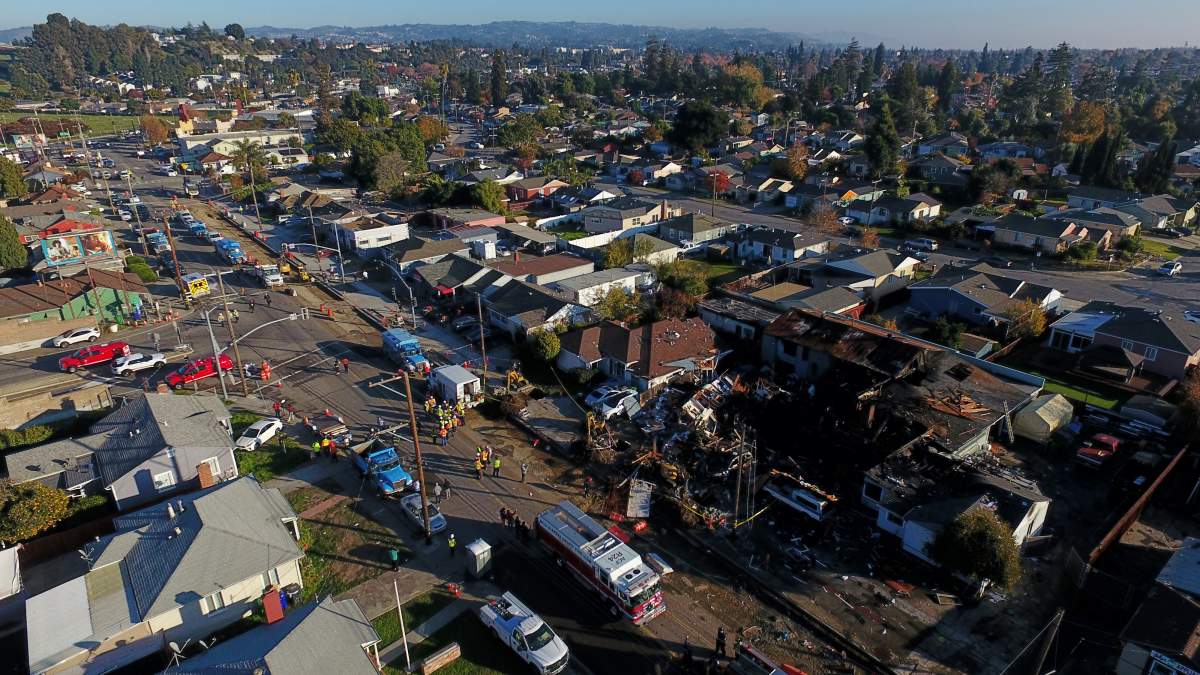 Damage is seen at the scene of a gas explosion in Hayward, Calif., Thursday, Dec. 11, 2025.
