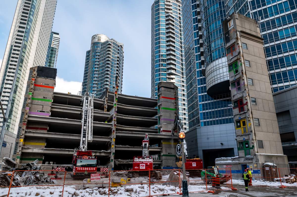 The parking garage demolition at 200 Queens Quay West, in preparation for the construction of the Q Tower condominium, is seen in Toronto, February 10, 2025. 