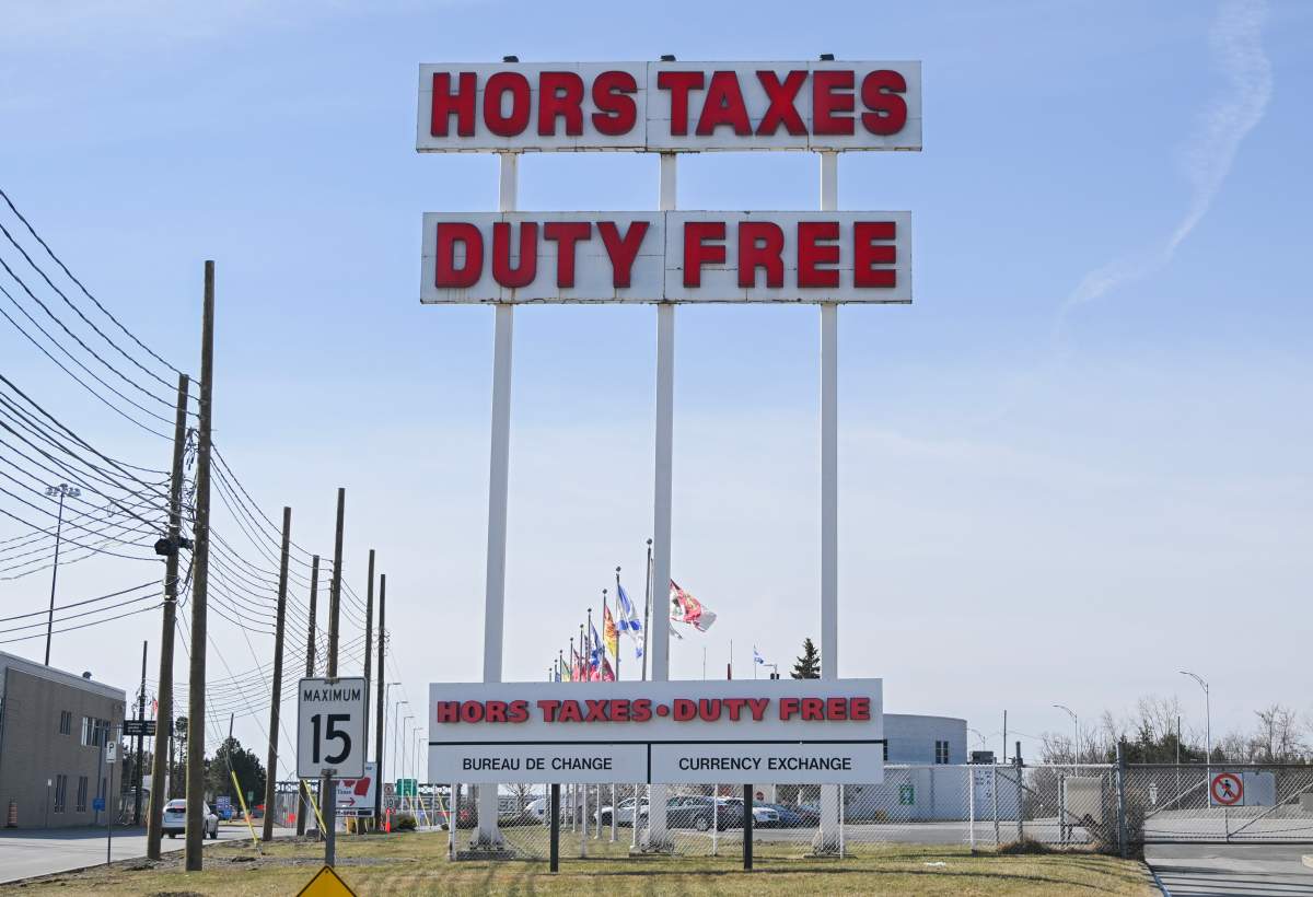 A sign for Duty Free at the Canada/U.S. border crossing in Saint-Bernard-de-Lacolle, Que., Thursday, April 10, 2025.