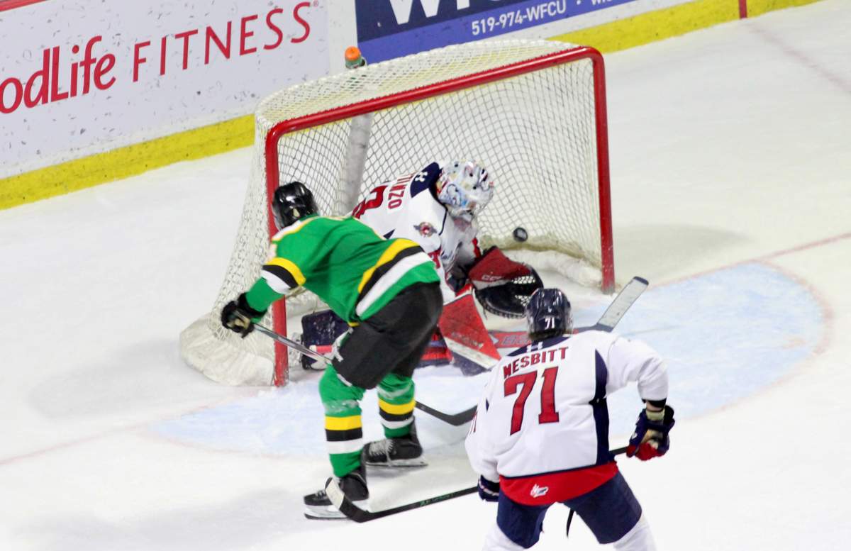 Andoni Fimis scores the overtime winner as the London Knights defeated the Windsor Spitfires 3-2 on Dec. 6 at the WFCU Centre.