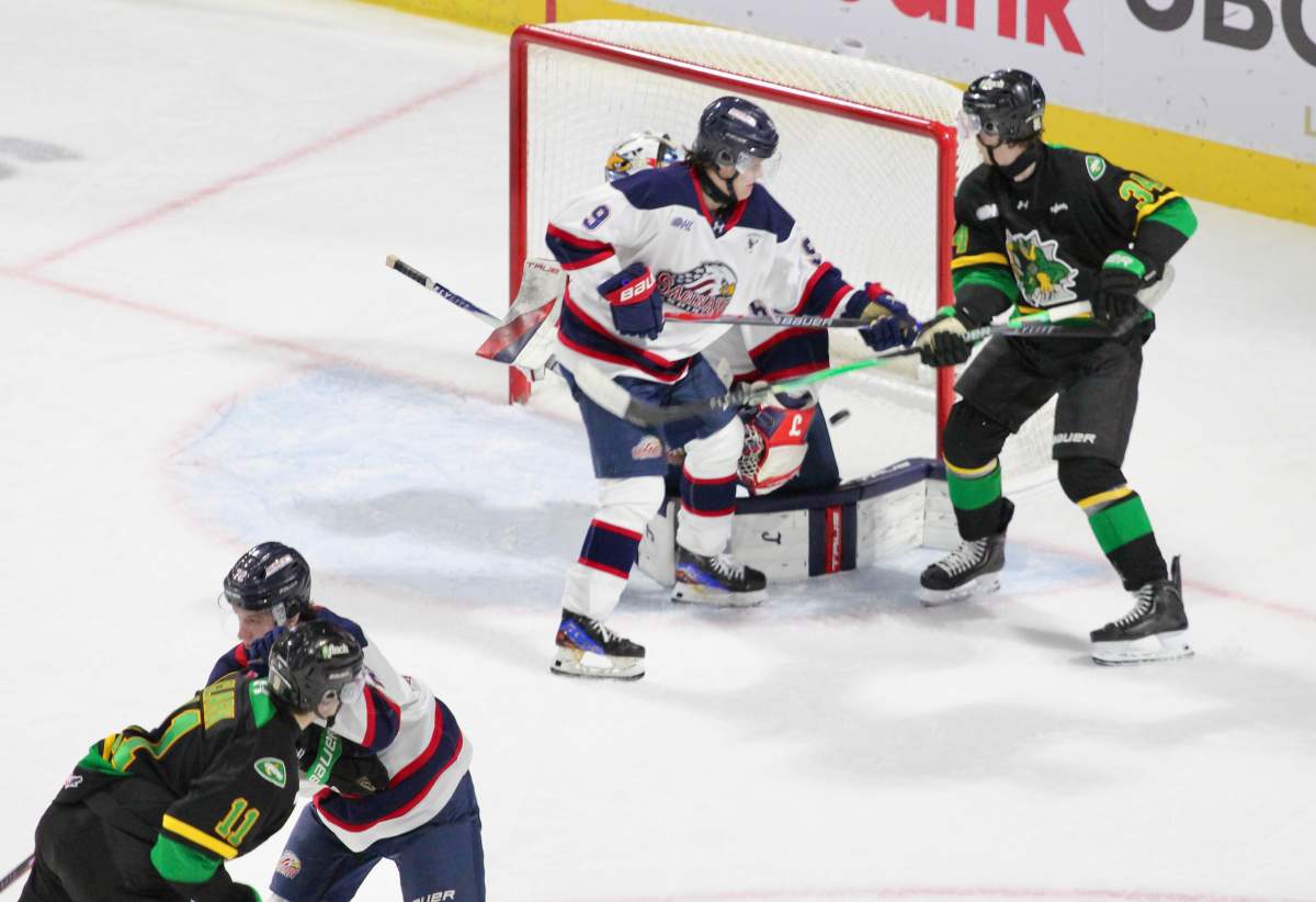 Braiden Clark scores one of his two goals of the game in the third period of a 5-3 London Knights win over the Saginaw Spirit on Dec. 12, 2025 at Canada Life Place.