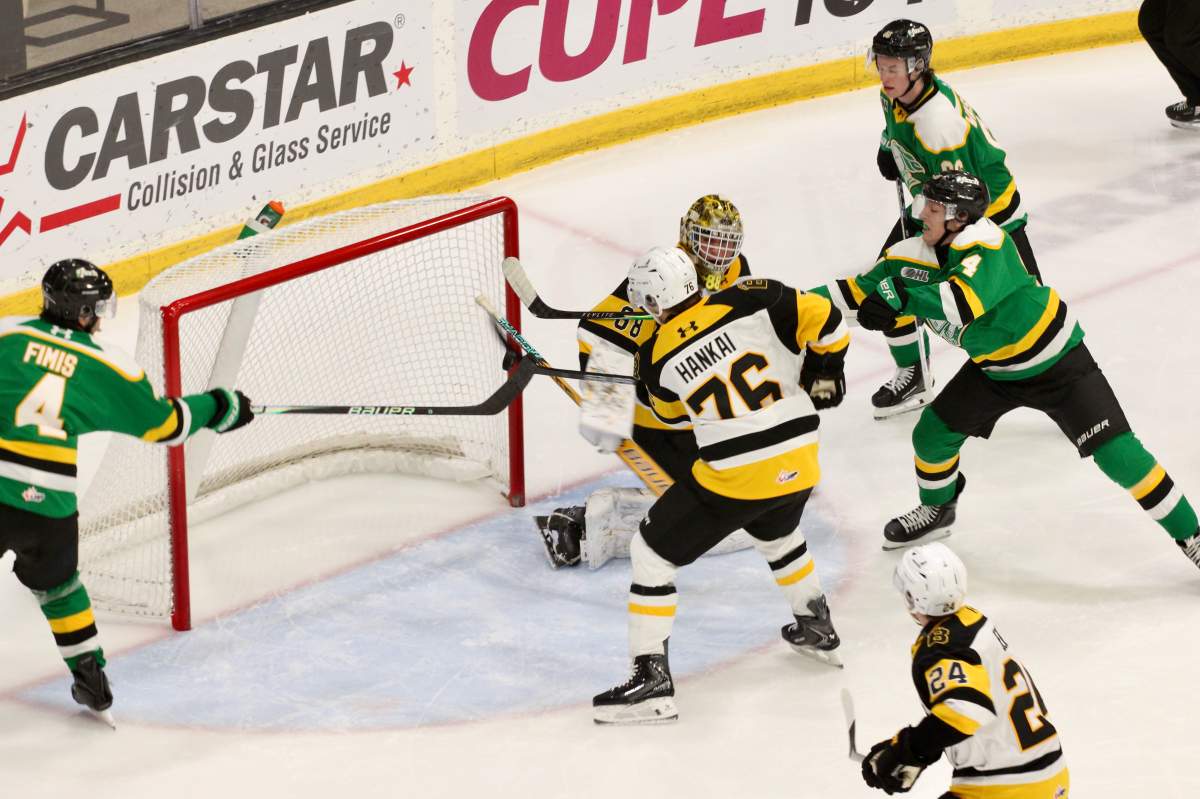 David Egorov of the Brantford Bulldogs makes one of his 39 saves in a 2-0 win over the London Knights on Dec. 14, 2025.