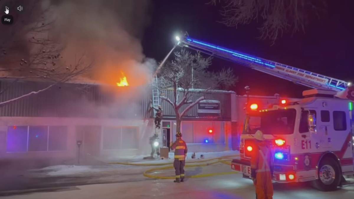 Fire crews battle a blaze at the Salvation Army in Prince Albert on Christmas Day.