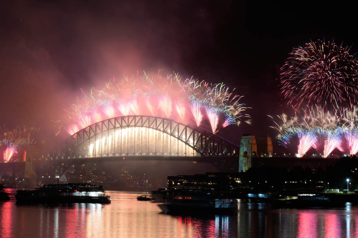 Fireworks burst over the Sydney Harbour Bridge during the New Year celebrations in Sydney, Thursday, Jan. 1, 2026.