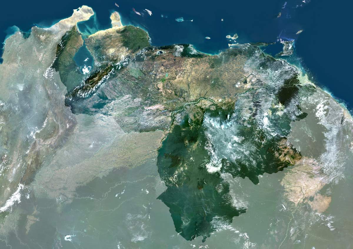 Satellite view of Venezuela (with border). This image was compiled from data acquired by LANDSAT 5 & 7 satellites.