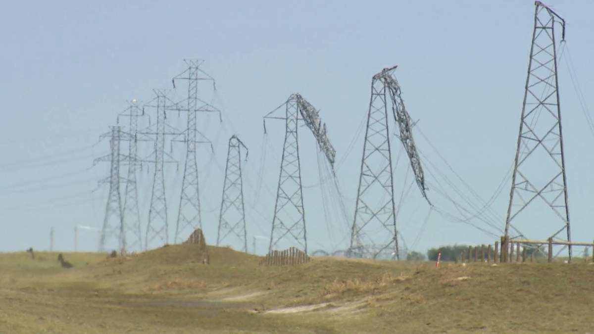 A series of steel transmission towers near Brooks, Ab that were toppled in the nasty line of storms that swept across western Canada on Aug. 21 and 22.