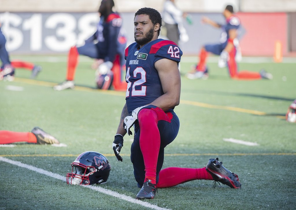 Montreal Alouettes' Tyrell Richards warms up before a CFL pre-season football game against the Ottawa Redblacks in Montreal, Friday, June, 3, 2022. THE CANADIAN PRESS/Graham Hughes.