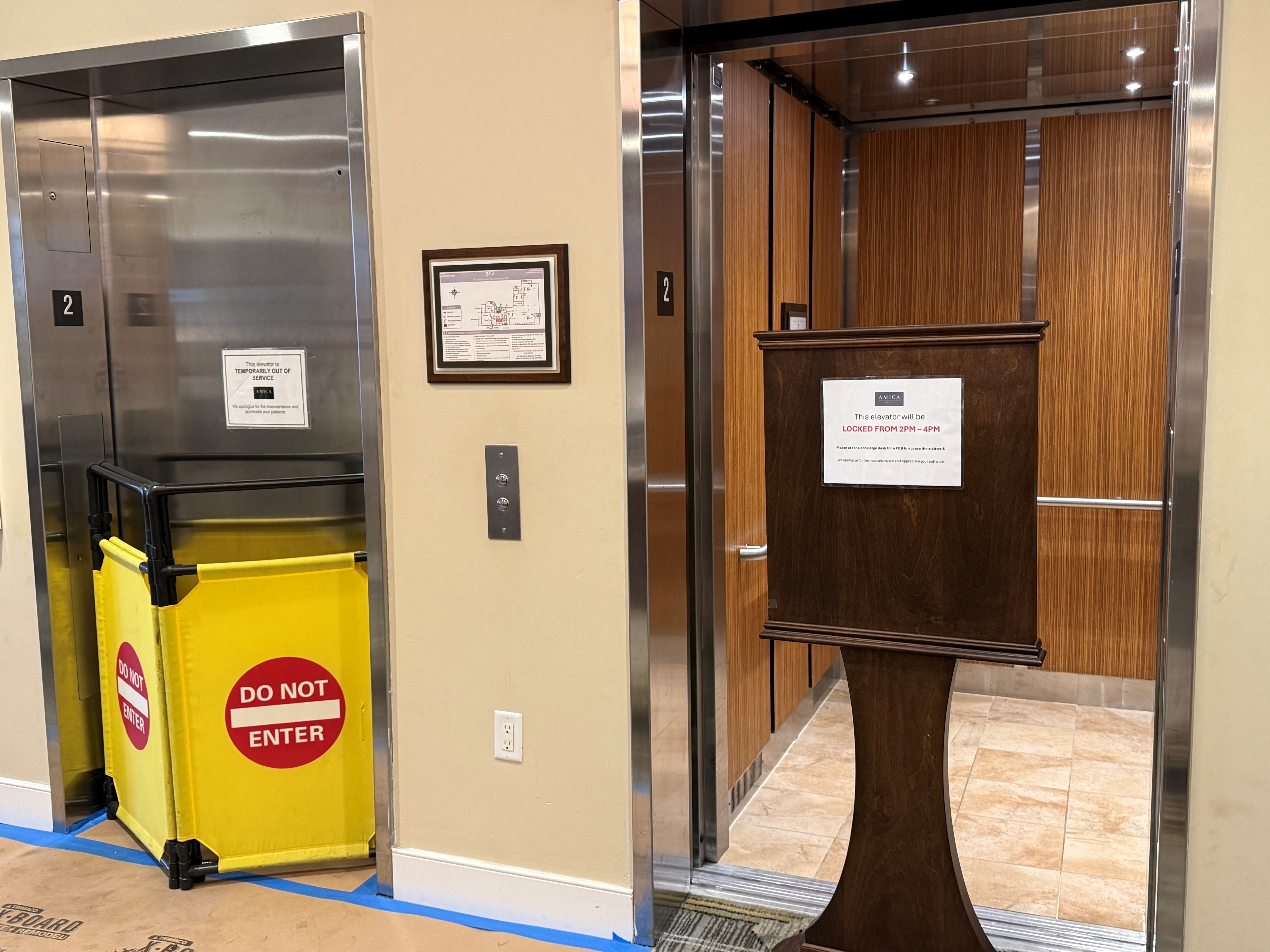 While one elevator is out of service, the other is currently down from 2-4 p.m.