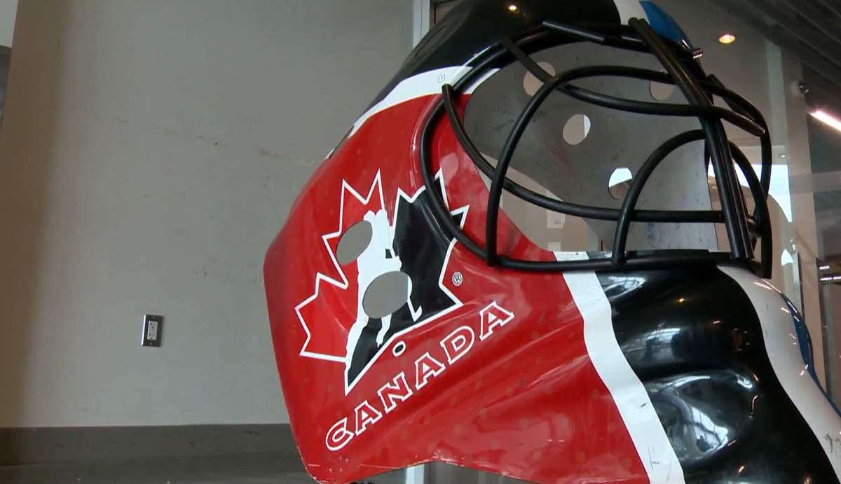 A goalie mask with the Hockey Canada logo on it on display during the organization's 2023 "Beyond the Boards Summit," aimed at tackling racism, sexism and homophobia in the sport.
