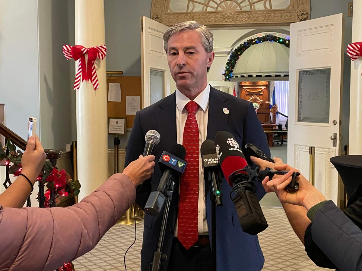 Nova Scotia Premier Tim Houston speaks to reporters at Province House on Dec. 10, 2025.