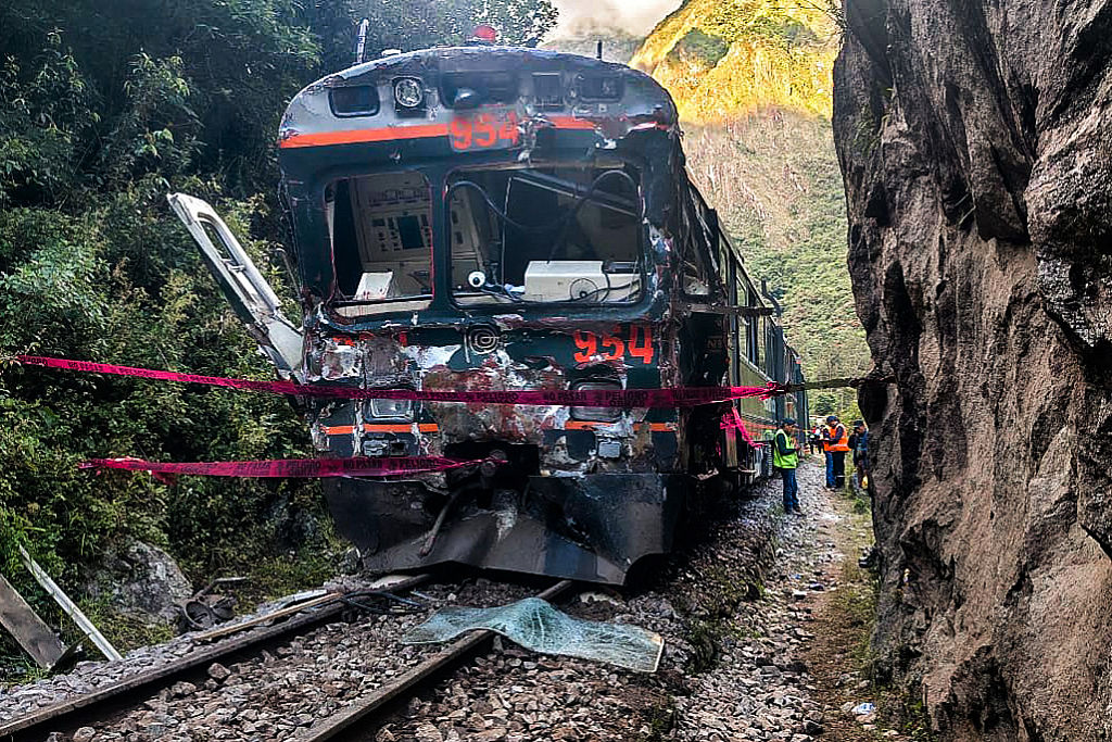 One of the two trains involved in a head-on collision connecting Machu Picchu with Ollantaytambo is pictured in Pampacahua, Cusco Department, Peru, on Dec. 30, 2025. At least one person died and dozens of others were injured in the collision between the two tourist trains, authorities said. (Photo by Carolina Paucar/AFP via Getty Images)