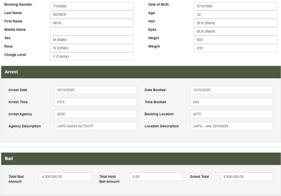 A screenshot of Nick Reiner's booking records.