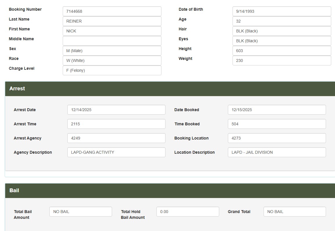 A screenshot of Nick Reiner's booking records.