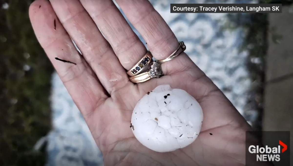 The line of storms included winds near 130 km/hr in some places along with torrential rain and hail the size of golf balls.