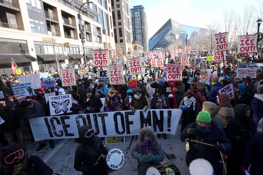 People protest against Federal immigration agents on Friday, Jan. 23, 2026, in Minneapolis.
