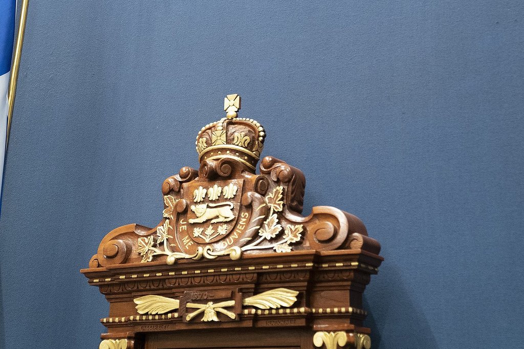 Detail of the provincial coat of arms on the speaker's throne in the national assembly, Quebec's provincial legislature, in Quebec City, Thursday, March 28, 2019. THE CANADIAN PRESS/Jacques Boissinot.