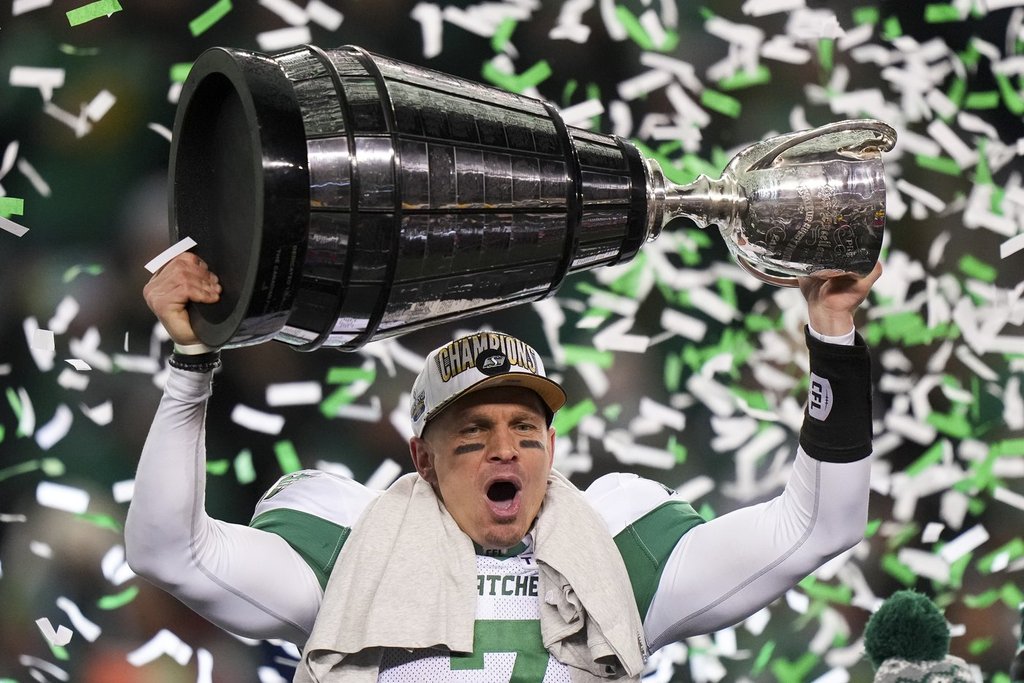 Saskatchewan Roughriders quarterback Trevor Harris (7) celebrates his win over the Montreal Alouettes in the 112th CFL Grey Cup, in Winnipeg on Sunday, Nov. 16, 2025. 
