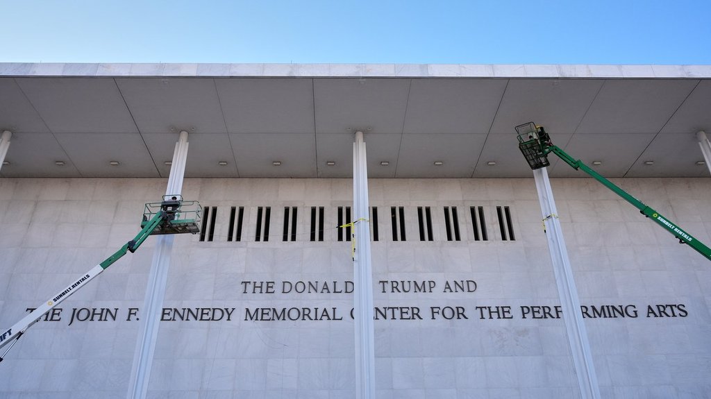 FILE New signage, The Donald J. Trump and The John F. Kennedy Memorial Center For The Performing Arts, is unveiled on the Kennedy Center, Dec. 19, 2025, in Washington.