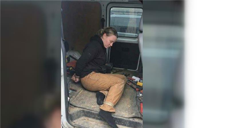 A fake AI image generated to make it appear Deeanna Erickson is tied up in a van.