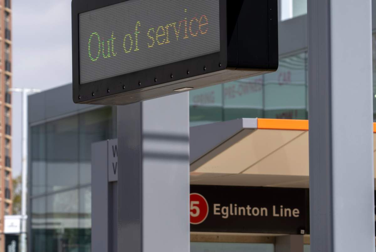Out of Service signs are shown on the Eglinton Crosstown LRT in Toronto on May 5, 2023.