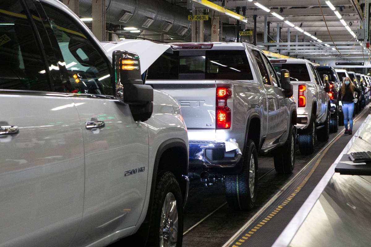 General Motors says it's investing $280 million in its Oshawa assembly plant to produce its next generation of full-sized internal combustion engine pickup trucks. Chevrolet Silverados sit on the General Assembly line at the GM plant in Oshawa, Ontario, on Feb. 22 2022.