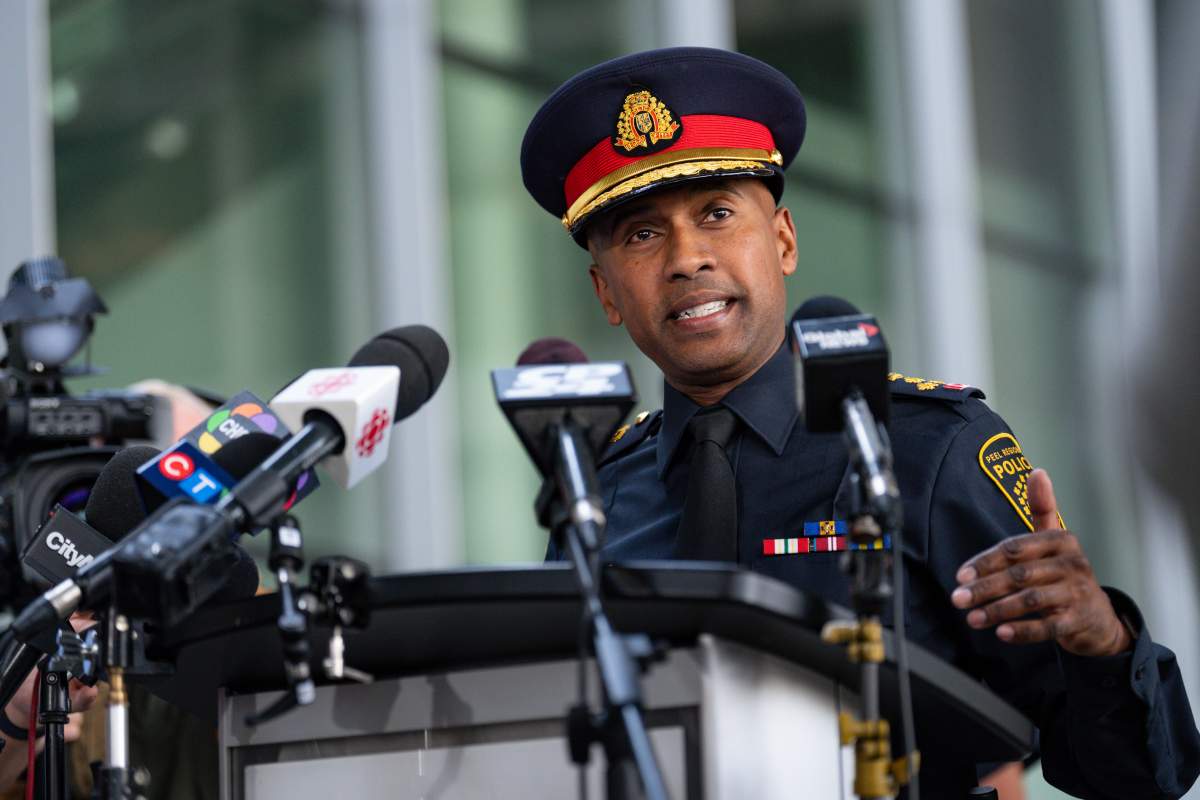 Peel Regional Police Chief Nishan Duraiappah speaks to the media in Mississauga, Ont., on Thursday, April 24, 2025. 