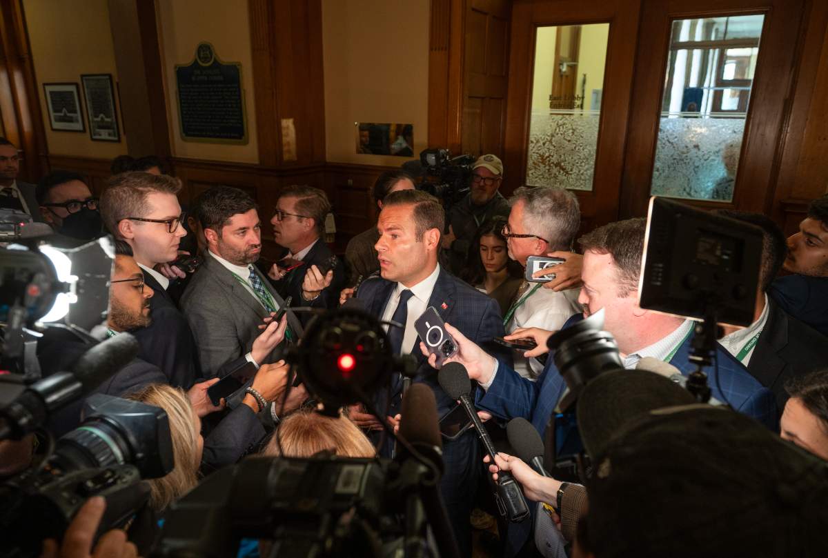 Ontario Minister of Labour, Immigration, Training and Skills Development David Piccini speaks to media at Queen’s Park in Toronto, on Oct. 20, 2025.