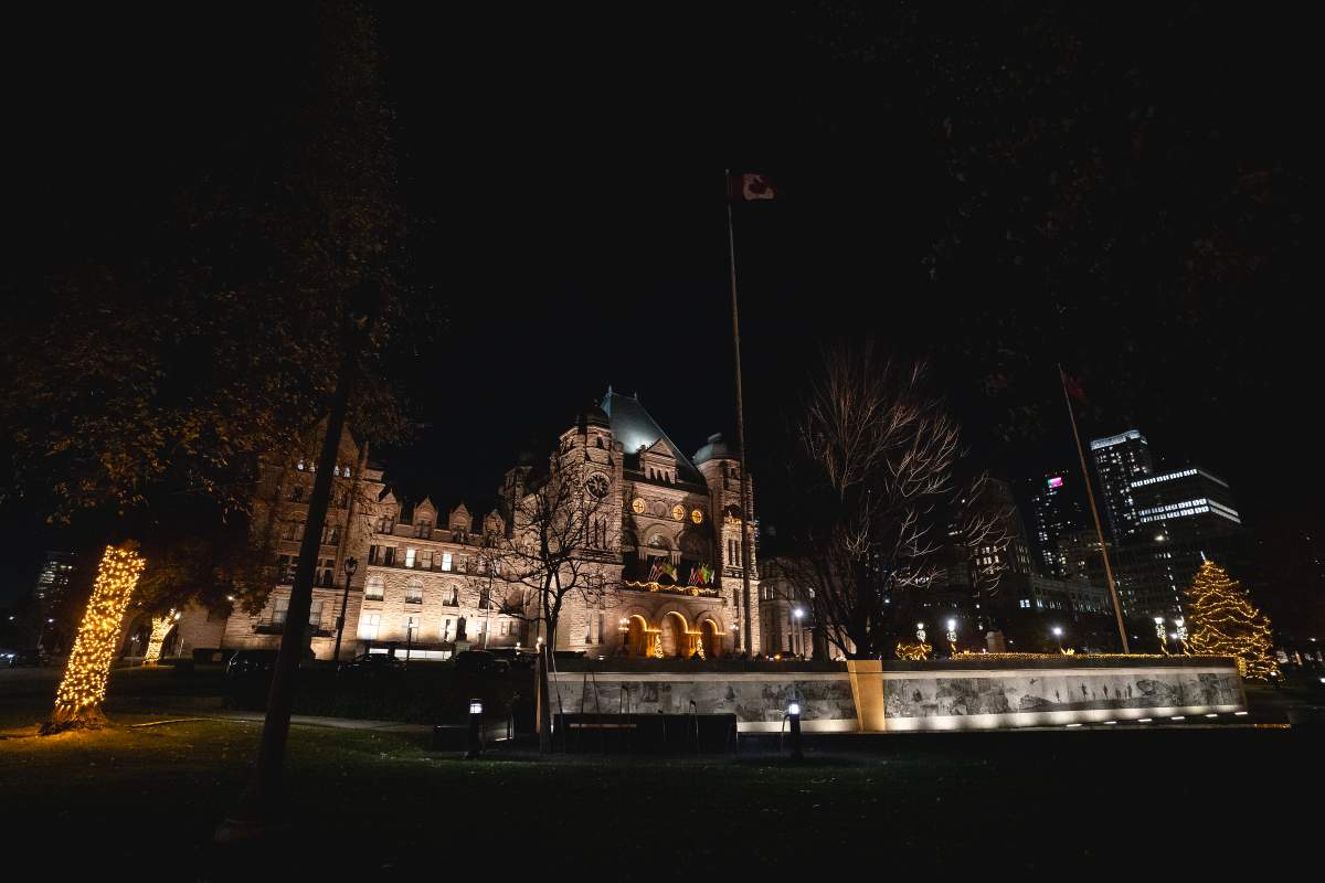 Queen's Park, the Ontario provincial legislature, is seen decorated for the holidays with lights, in Toronto, Friday, Nov. 21, 2025. 