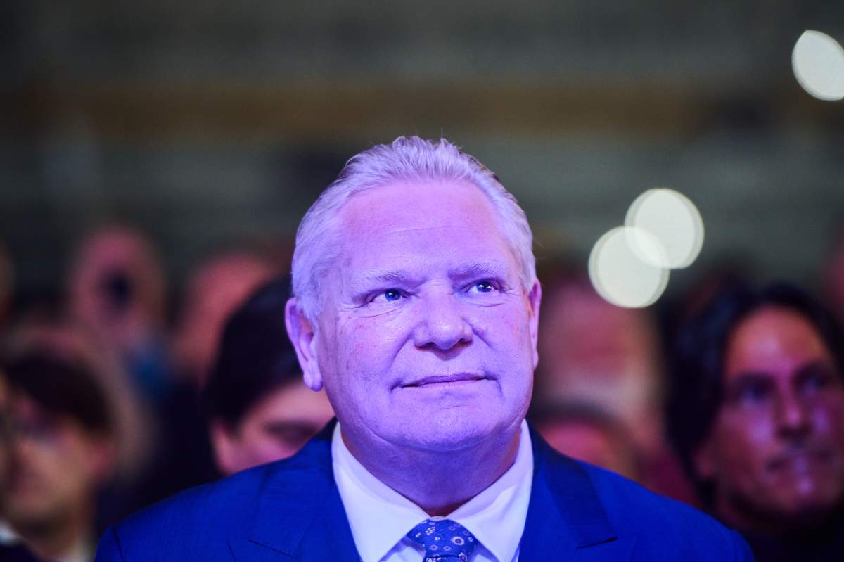 Ontario Premier Doug Ford looks on during an event celebrating Bombardier's Global 8000 aircraft entry-into-service at the company's aircraft assembly centre in Mississauga, Ont., on Monday, Dec. 8, 2025. 