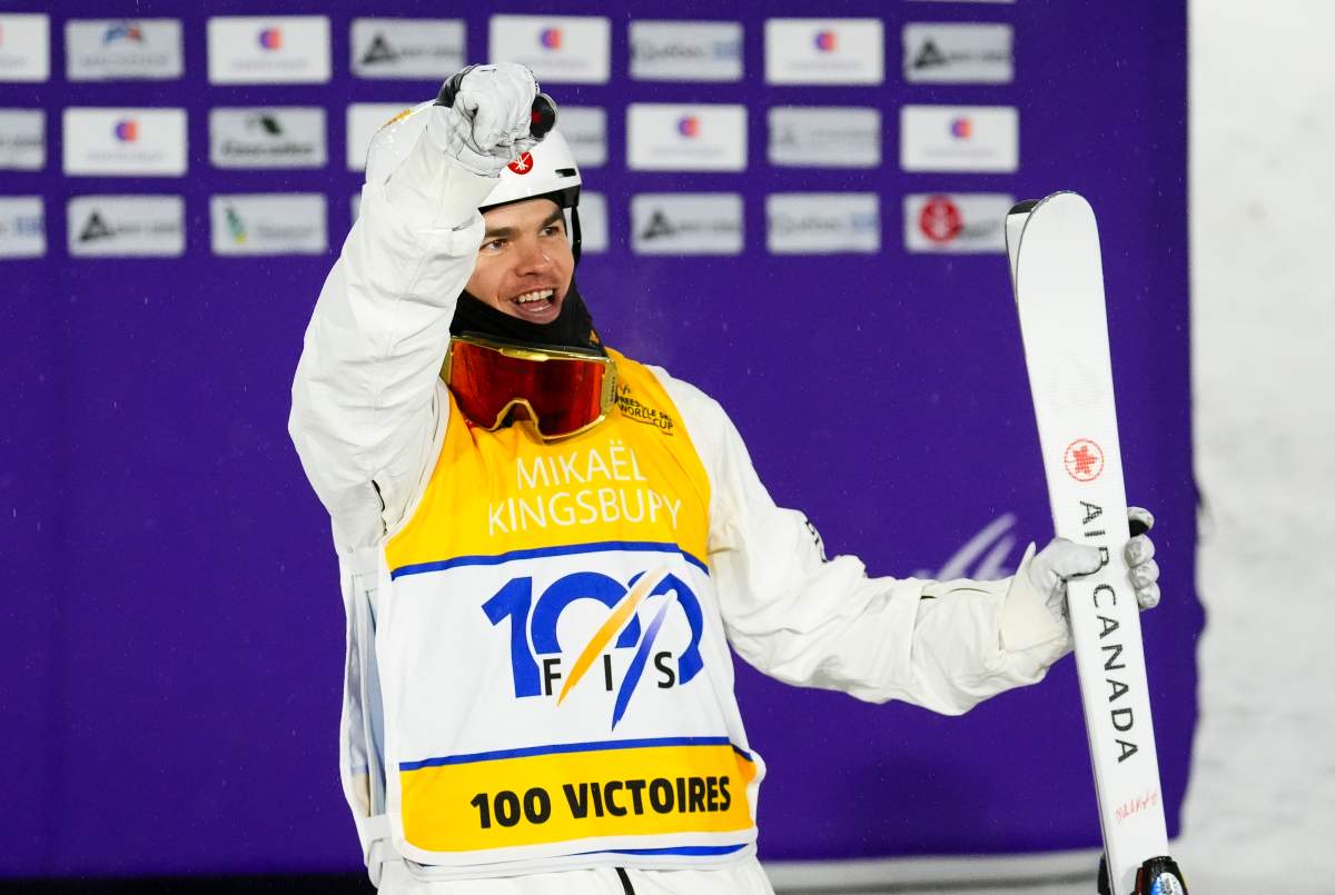 Mikael Kingsbury celebrates World Cup victory.