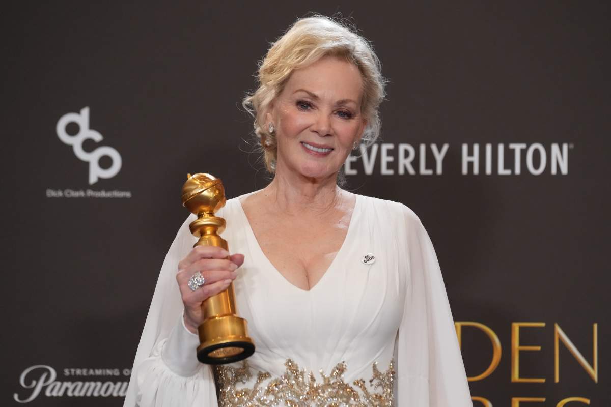 Jean Smart poses in the press room with the award for best performance by a female actor in a television series – musical or comedy for 'Hacks' during the 83rd Golden Globes on Sunday, Jan. 11, 2026, at the Beverly Hilton in Beverly Hills, Calif.