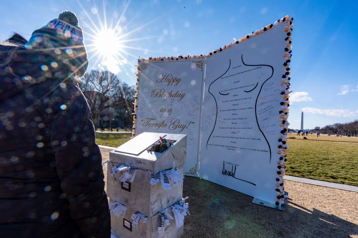 People look at a protest art installation to highlight Jeffrey Epstein's birthday of Jan. 20, 1953, on the National Mall, Monday, Jan. 19, 2026, in Washington.