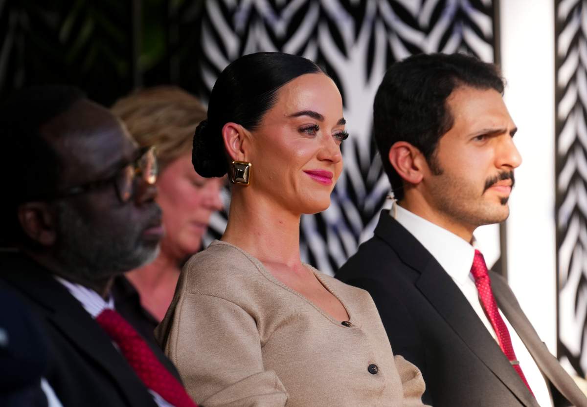 Katy Perry looks on as former prime minister Justin Trudeau delivers a speech during the World Economic Forum in Davos, Switzerland on Tuesday.