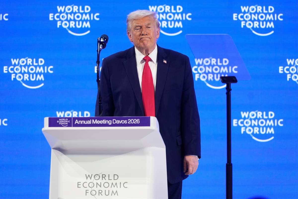 U.S. President Donald Trump watches the audience after his speech during the Annual Meeting of the World Economic Forum in Davos, Switzerland, on Jan. 21, 2026. (AP Photo/Markus Schreiber).