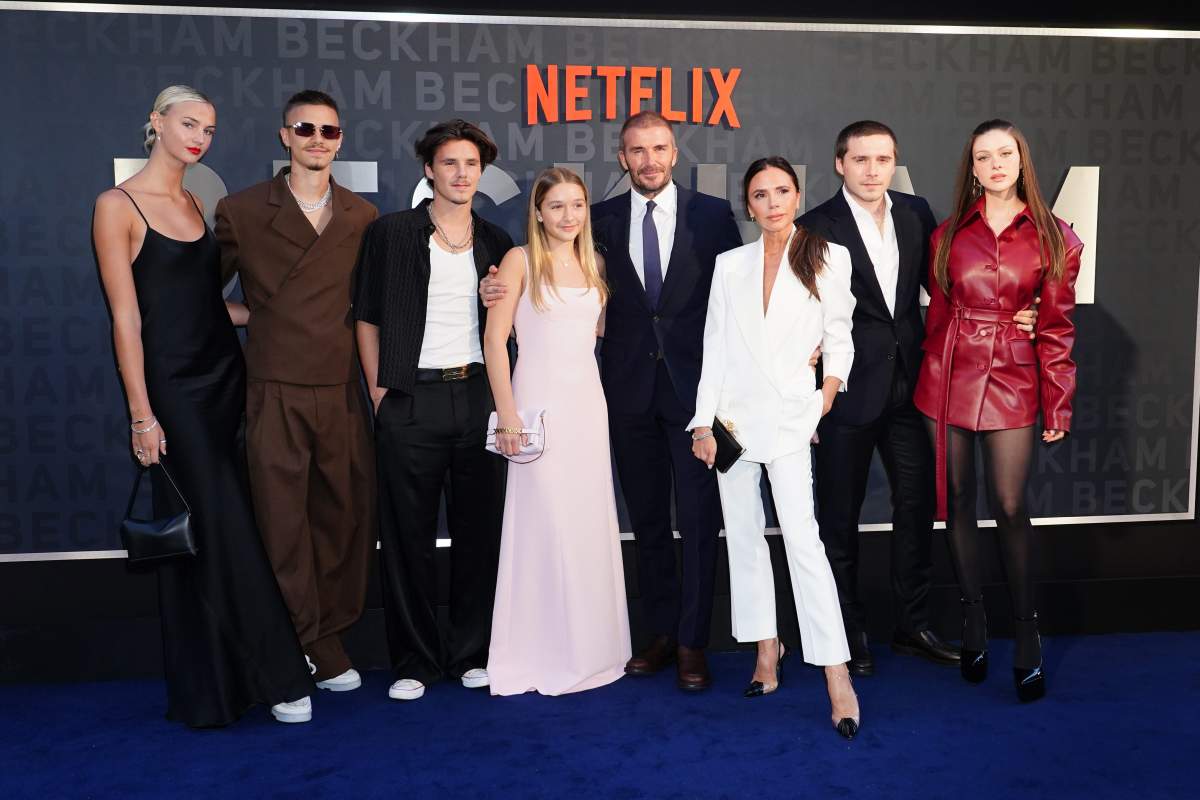 (L-R:) Mia Regan, Romeo Beckham, Cruz Beckham, Harper Beckham, David Beckham, Victoria Beckham, Brooklyn Beckham and Nicola Peltz arrive for the premiere of Netflix's documentary series 'Beckham' at the Curzon Mayfair in London on Oct. 3, 2023.