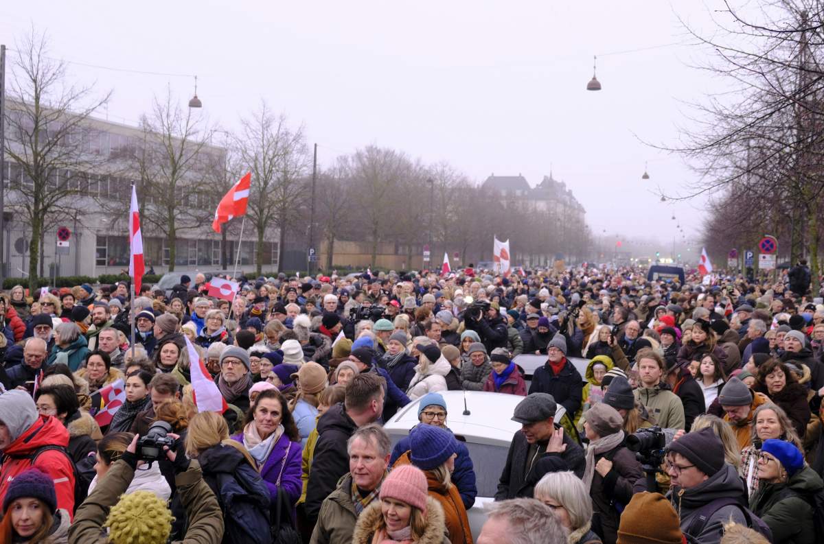 Demonstrators gather to protest against U.S. actions and remarks suggesting control over Greenland in front of the U.S. Embassy in Copenhagen, Denmark, on Jan. 17, 2026.