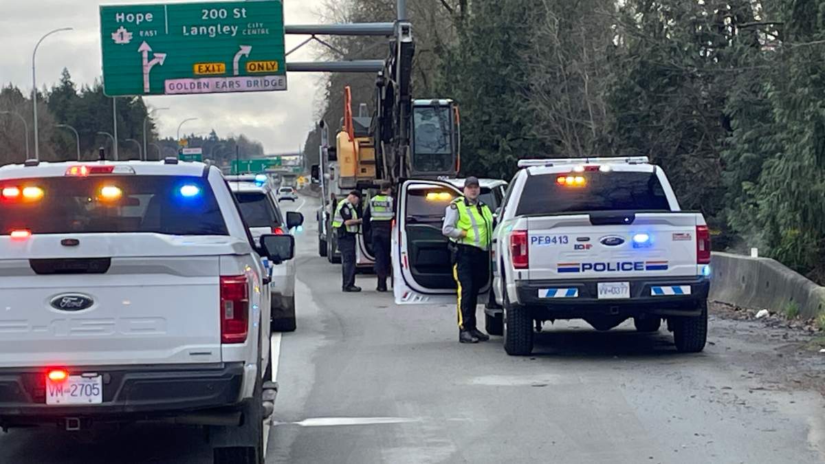 Traffic is affected along Highway 1 eastbound due to an overpass strike in Surrey.