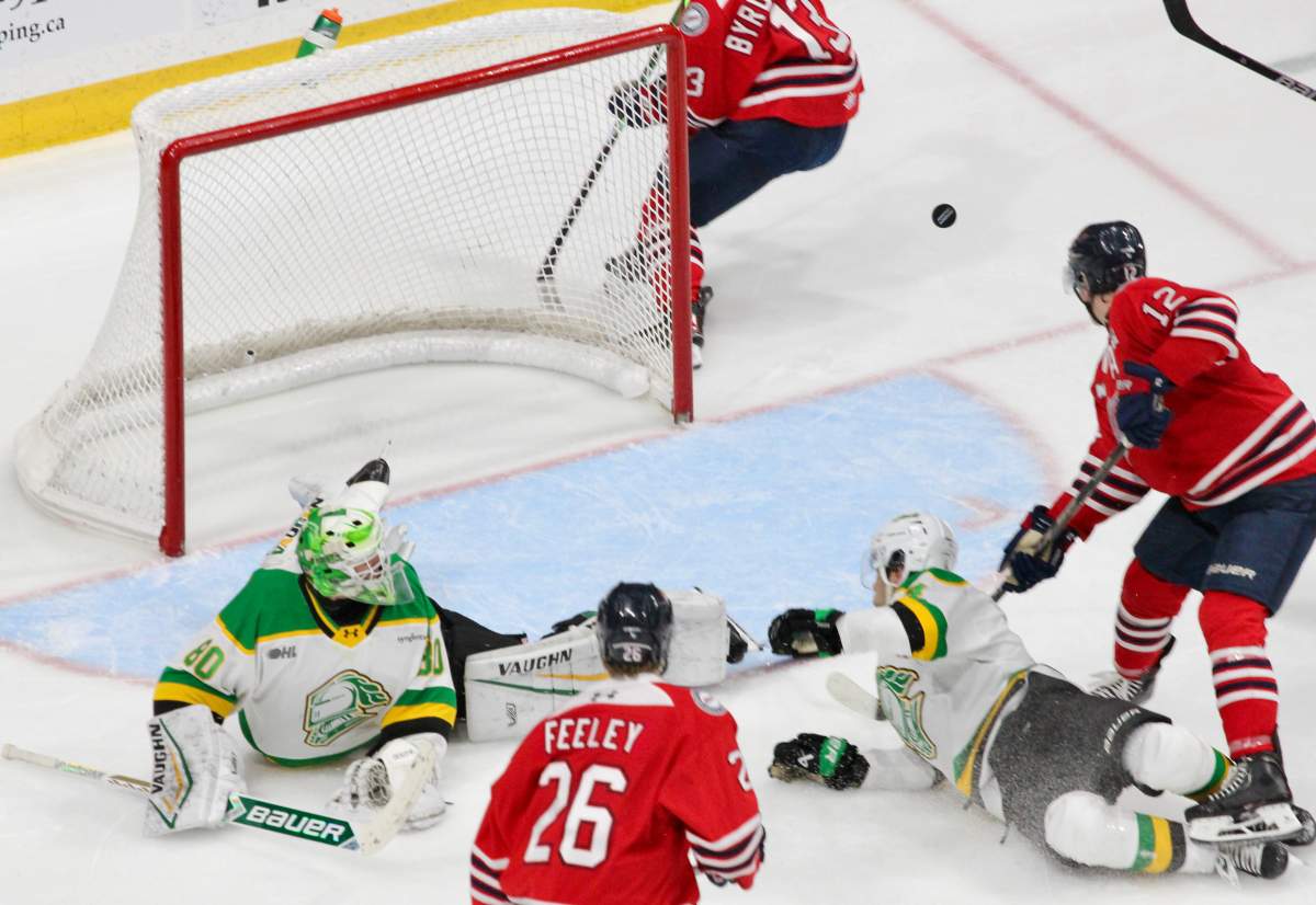 The puck is somehow kept out of the London Knight in the second period of a game between the London and the Oshawa Generals played on Sunday, Jan. 4, 2026 at the Tribute Communities Centre.