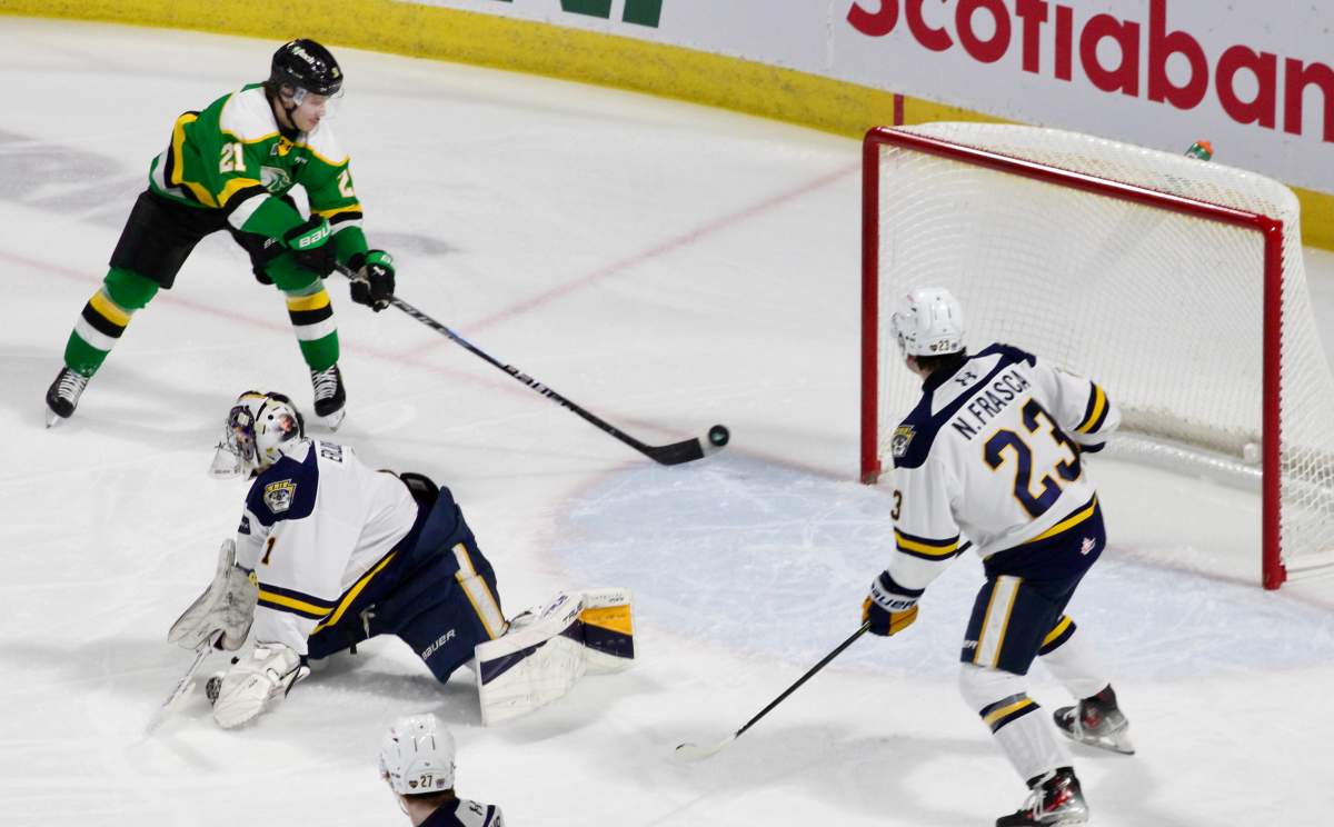 Max Crete scores for the London Knights in a game against the Erie Otters on January 10, 2026 at Canada Life Place.